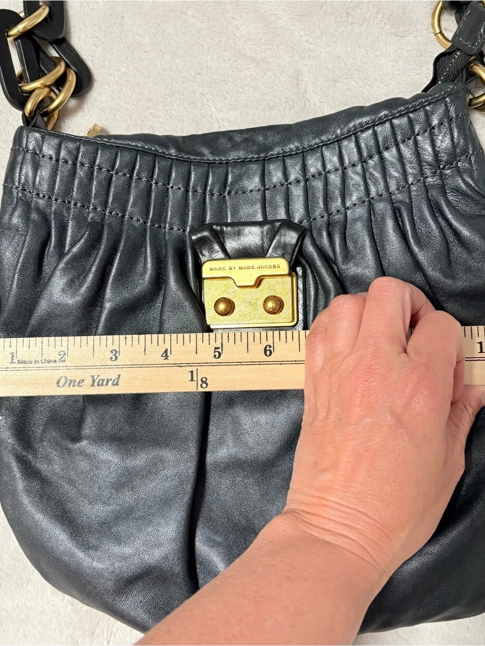 Marc By Marc Jacobs Single Strap Metallic‎ Hobo Handbag Gray Black Leather Chain